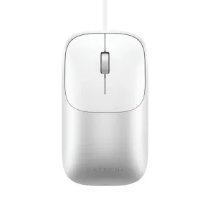 Satechi Slim LX kabelgebundene Maus mit weißer Oberseite, silberner Basis, mittig platziertem Scrollrad und Kabel vor schwarzem Hintergrund