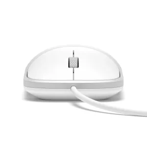 Satechi Slim LX kabelgebundene Maus mit kompaktem weißem Gehäuse, silbernem Scrollrad und integriertem Kabel.