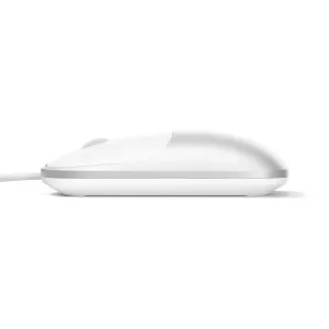 Satechi Slim LX kabelgebundene Maus in Weiß, Seitenansicht mit Scrollrad und Kabel auf schwarzem Hintergrund