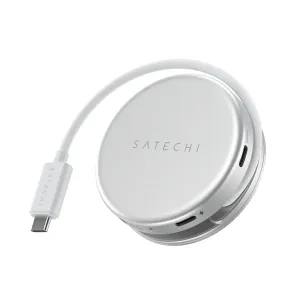 Satechi OntheGo 5-in-1 daudzportu adapters ar sudraba diska dizainu, pītas USB-C kabeli un redzamiem portiem