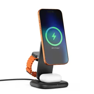 Satechi faltbarer kabelloser 3-in-1-Ladeständer mit iPhone, Uhrenarmband und Ohrhörern auf weißem Hintergrund