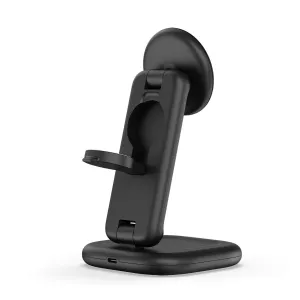 Satechi 3-in-1 faltbarer Qi2-Ladeständer in Mattschwarz mit klappbarem, kompaktem Reisedesign.