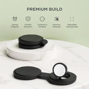 Satechi OntheGo trådløs 2-i-1-lader i svart, vist sammenfoldet og åpen som et magnetisk stativ for iPhone og Apple Watch