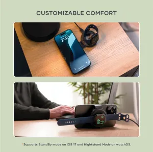 Satechi OntheGo 2-i-1 trådløs lader i svart, som lader en iPhone og Apple Watch på et skrivebord