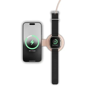 Satechi OntheGo 2-i-1 trådlös laddare som laddar en iPhone och Apple Watch på ett hopfällbart stativ