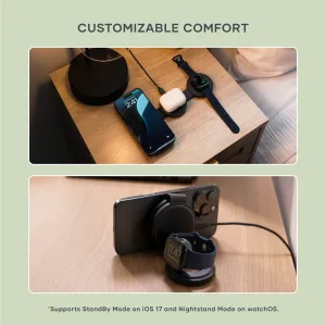 Satechi OntheGo 3-i-1 trådløs lader på et nattbord, som lader en smarttelefon, Apple Watch og et etui til ørepropper.