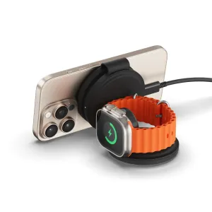 Satechi OntheGo 3-i-1 trådløs lader med telefon, Apple Watch og AirPods på et svart reisestativ