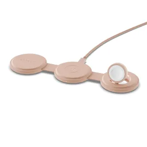 Satechi OntheGo™ 3-i-1 trådlös laddare i beige, visad öppen med tre laddningsytor och ansluten kabel.