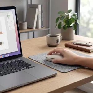 Satechi OntheGo Bluetooth-Maus in Sand auf einer Schreibtischunterlage neben einem Laptop in einem Homeoffice-Setup