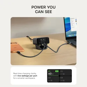 Satechi ChargeView 140W bordlader med sanntidsvisning av effekt og fire USB-C-porter på et skrivebord