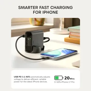 Satechi ChargeView 140W bordlader med skjerm, dockstativ og smarttelefonlading på et skrivebord