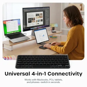 Satechi EX1 Slim trådløst tastatur i Space Black med nordisk layout, vist i et kompakt skrivebordsoppsett