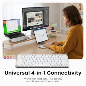 Satechi EX1 Slim trådløst tastatur med nordisk layout i et skrivebordsoppsett med flere enheter