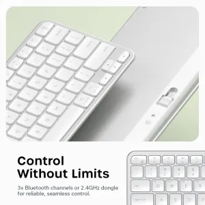 Satechi EX1 slankt trådløst tastatur med nordisk layout, vist i hvitt med lavprofiltaster og sidebryter.