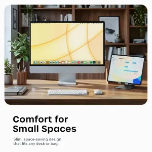 Satechi EX1 Slim trådløst tastatur med nordisk layout på et skrivebord, vist med skjerm, nettbrett og mus
