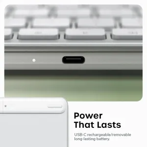 Infografikk for det trådløse tastaturet Satechi EX1 Slim som viser en USB-C-port og en utheving av batteri med lang levetid