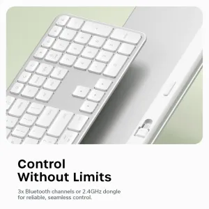 Satechi EX3 tunt trådlöst tangentbord med nordisk layout, vit finish och 3 Bluetooth-kanaler samt 2,4 GHz-dongel