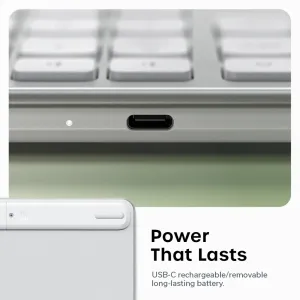 Satechi EX3 Slim trådlöst tangentbord, silverfärgat med nordisk layout, visar USB-C-porten och batteribrytaren i detalj