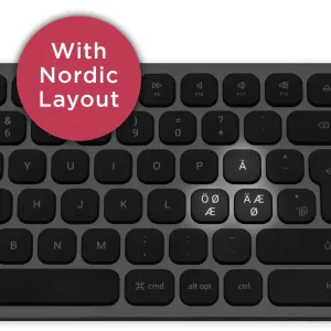 Satechi keyboard with Nordic layout, black keys and Mac function keys, shown in space gray.