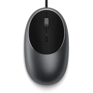 Satechi C1 USB-C trådbunden mus i rymdgrått med rullhjul och kabel, visad mot en vit bakgrund