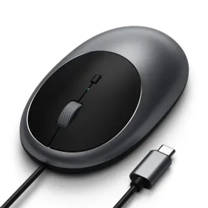 Satechi C1 trådbunden USB-C-mus i rymdgrå med rullhjul, knapp och kabel på vit bakgrund