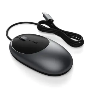 Satechi C1 trådbunden USB-C-mus i rymdgrått med fastmonterad USB-C-kabel och rullhjul