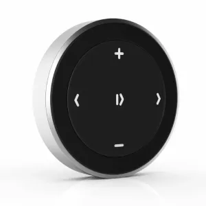 Satechi medijos mygtukas belaidžiam atkūrimui ir garsumo valdymui, apvalus juodas ir sidabrinis Bluetooth valdiklis
