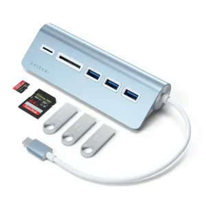 Satechi USB-C aluminum USB hub and card reader in blue, with USB-A ports, card slots and flash drives