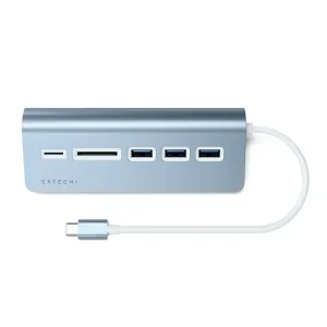 Satechi USB-C aluminum USB hub and card reader in blue with SD and USB ports, plus attached USB-C cable
