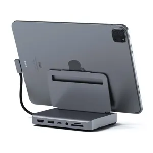 Satechi alumiininen Stand Hub -tablettiteline iPadille, etuliitännöillä ja korttipaikoilla latausta ja näytön liittämistä varten