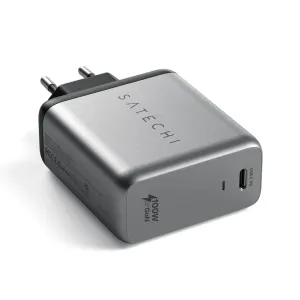 cargador de pared Satechi de 100 W GaN PD en gris espacial, con puerto USB-C y enchufe plegable de dos clavijas