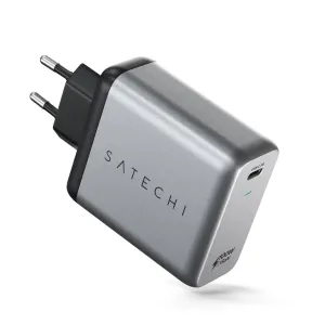 Cargador de pared Satechi GaN PD de 100 W con puerto USB-C, diseño compacto de dos clavijas en plata y negro