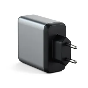 Cargador de pared Satechi 100W GaN PD, cargador rápido USB-C compacto gris y negro con dos clavijas
