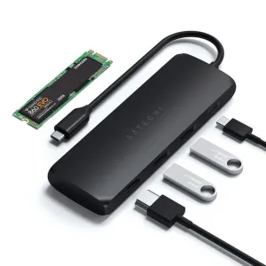 Satechi USB-C-hybridimoniliitäntäsovitin mustana, SSD-paikalla, HDMI-lähdöllä ja kiinteällä kaapelilla