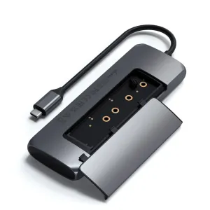 Satechi USB-C-hybridimoniliitäntäsovitin SSD-kelkalla, kiinteällä kaapelilla ja liukukannella, väri avaruusharmaa