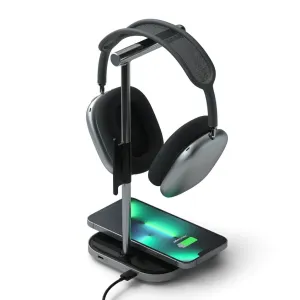 Satechi hodetelefonstativ i aluminium med over-ear-hodetelefoner og trådløs ladebase for en telefon