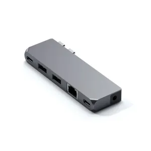 Satechi Pro Hub Mini USB-C-moniporttisovitin avaruusharmaana, USB-A- ja Ethernet-portilla sekä kahdella USB-C-portilla