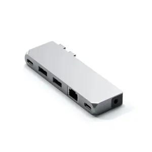 Satechi Pro Hub Mini sidabrinis kelių prievadų šakotuvas, skirtas MacBook, su USB-C, USB-A ir Ethernet prievadais