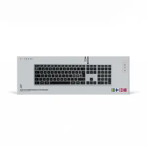 Satechi W3-kartong med trådbundet bakgrundsbelyst tangentbord som visar nordisk layout, fullstora tangenter och numeriskt tangentbord