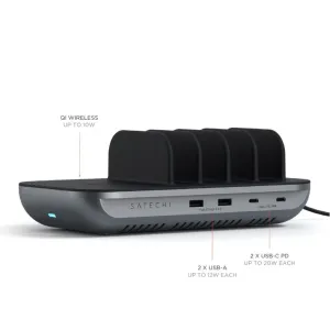 Estación de carga multidispositivo Satechi Dock5 con base de carga inalámbrica Qi, puertos USB-C y USB-A, mostrada con etiquetas señaladas.