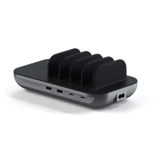 Estación de carga Satechi Dock5 para varios dispositivos con puertos USB-C y USB-A, mostrada en gris espacial