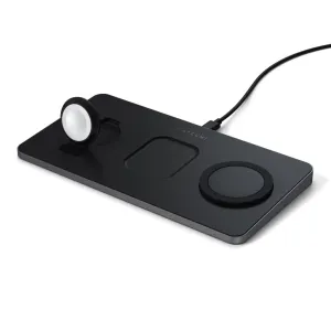 Satechi Trio trådløs ladeplate i svart, med tre ladesoner for telefon, klokke og AirPods.