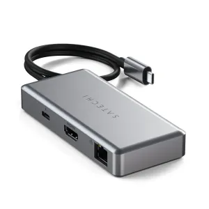 Satechi USB-C-moniporttisovitin HDMI:llä ja Ethernetillä, hopeanvärinen muotoilu kiinteällä kaapelilla