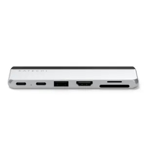 Satechi kahden USB-C-liitännän keskitin Surface Pro 9:lle, hopeanvärinen, HDMI-, USB-A- ja SD-korttipaikoilla