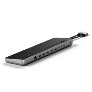 Satechi USB-C-kaksoistelakointiasema tähtiharmaana ja mustana, sivuporteilla ja kiinteällä kaapelilla kannettavan tietokoneen liittämiseen
