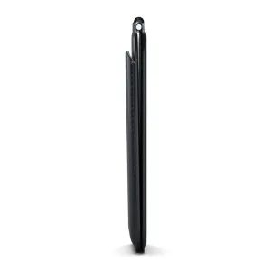 Satechi magnetisches Kartenetui mit Ständer in Schwarz, in Seitenansicht gezeigt, mit gefaltetem, lederähnlichem Design für Karten und Smartphone-Stütze