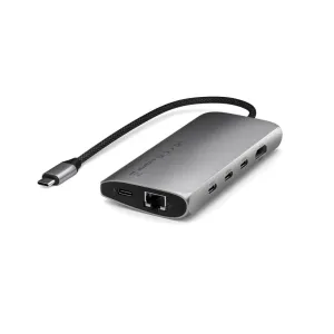 Satechi USB-C-moniporttisovitin tähtiharmaana, Ethernet-liitännällä, USB-C-porteilla ja punotulla kaapelilla