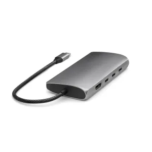 Satechi USB-C -moniporttisovitin HDMI-, USB-C- ja USB-A-porteilla, hopeanvärisellä alumiinirungolla ja punotulla kaapelilla