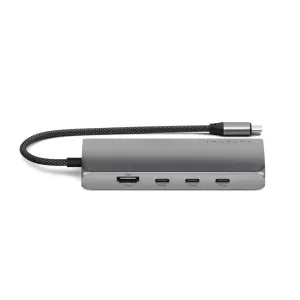 Satechi USB-C-moniporttisovitin hopeisena, HDMI- ja USB-C-porteilla sekä punotulla kaapelilla