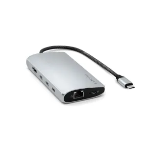 Satechi USB-C-moniporttisovitin Ethernet-, USB-C- ja USB-A-porteilla, hopeanvärinen alumiinimuotoilu